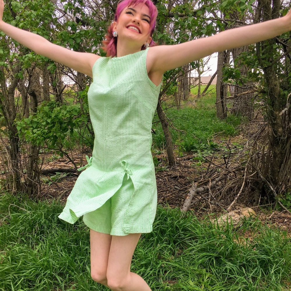 Vintage Green Seer Sucker Romper Dress Sears - Picture 1 of 8